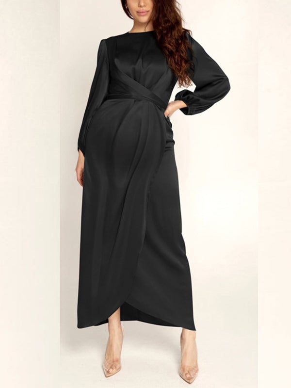 Robe longue de grossesse avec ceinture pour femme enceinte - Noir / S