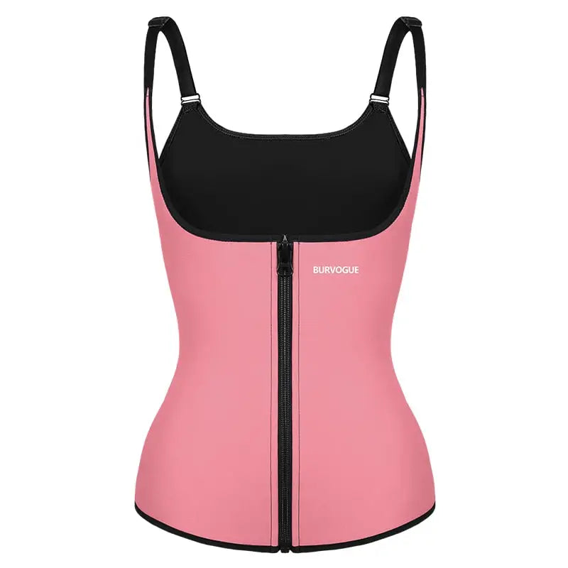 Gilet d’entraînement en néoprène rose et noir avec bretelles réglables et fermeture à glissière sur le devant.