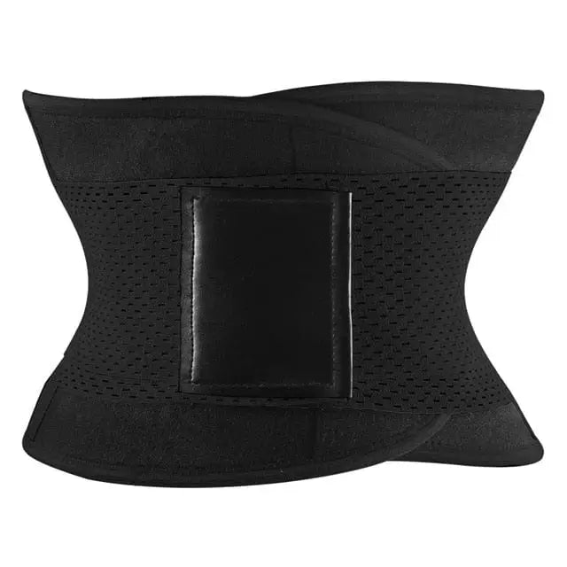 Ceinture d’entraînement de taille noire avec tissu perforé et large panneau de fermeture.