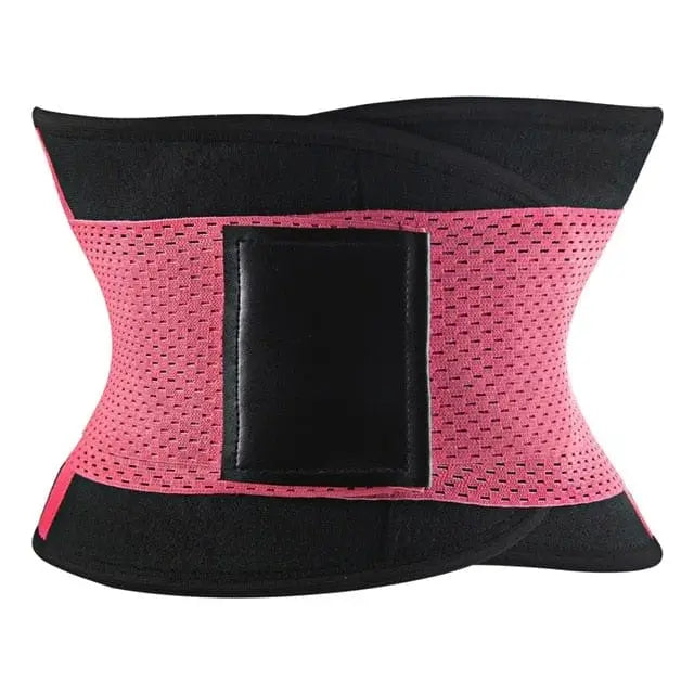 Ceinture d’entraînement à la taille rose et noire avec un design en maille et une fermeture réglable.