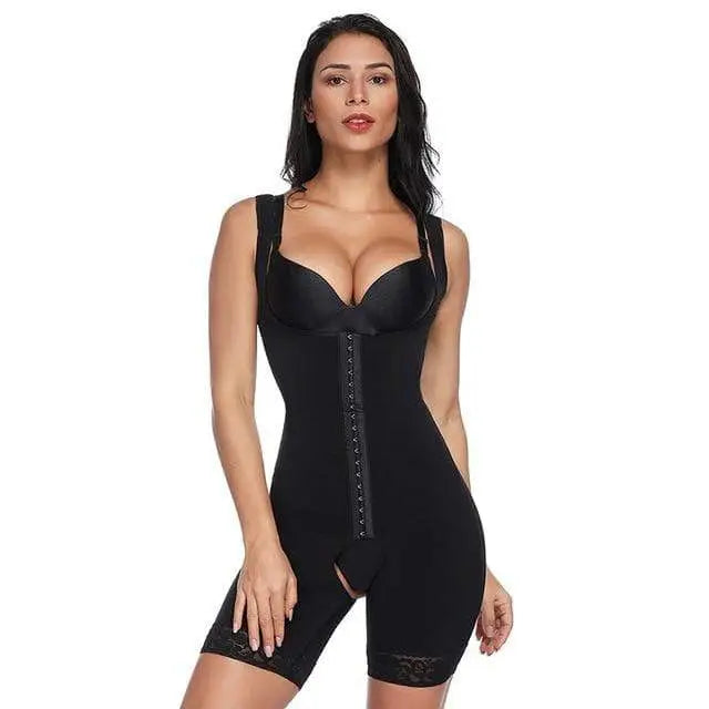 Vêtement moulant noir pour tout le corps, avec un décolleté plongeant et une fermeture auto-agrippante sur le devant.