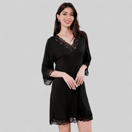 Nuisette élégante dentelle col V manches évasées - Noir / S