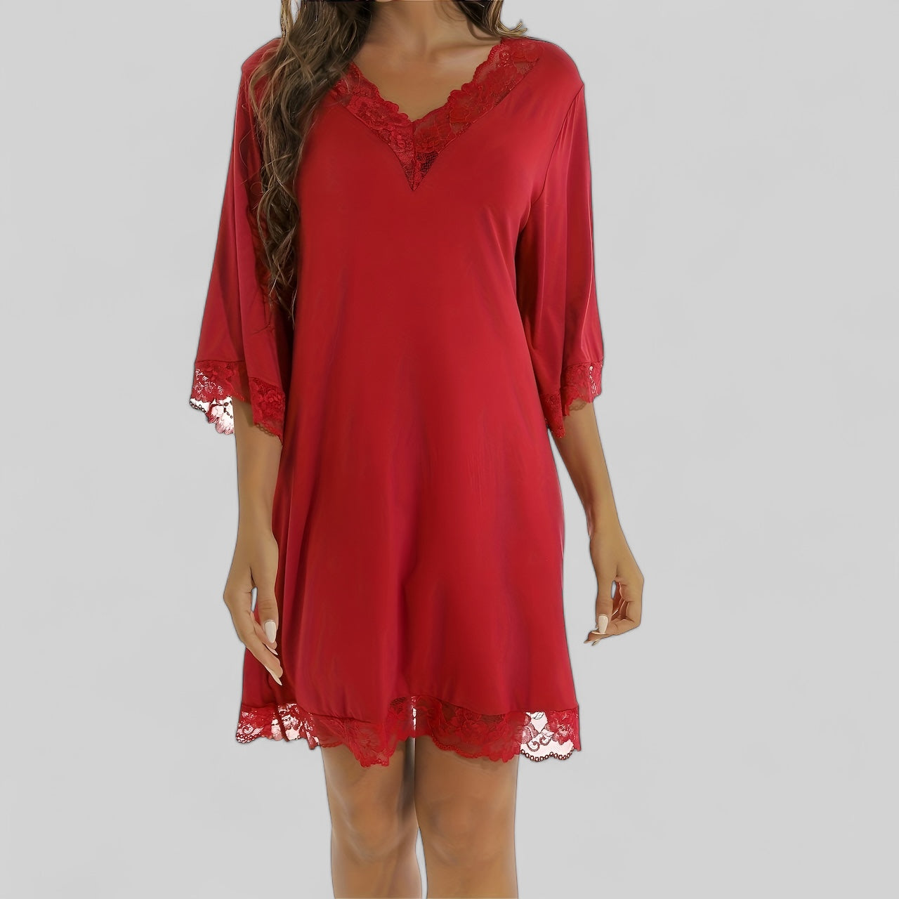 Nuisette élégante dentelle col V manches évasées - Rouge / S