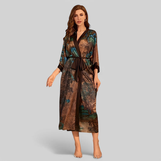 Robe de chambre en satin style chinois avec ceinture pour femme - Unique