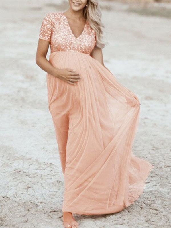 Robe longue de grossesse élégante pour cérémonie et soirée femme enceinte - Rose / S