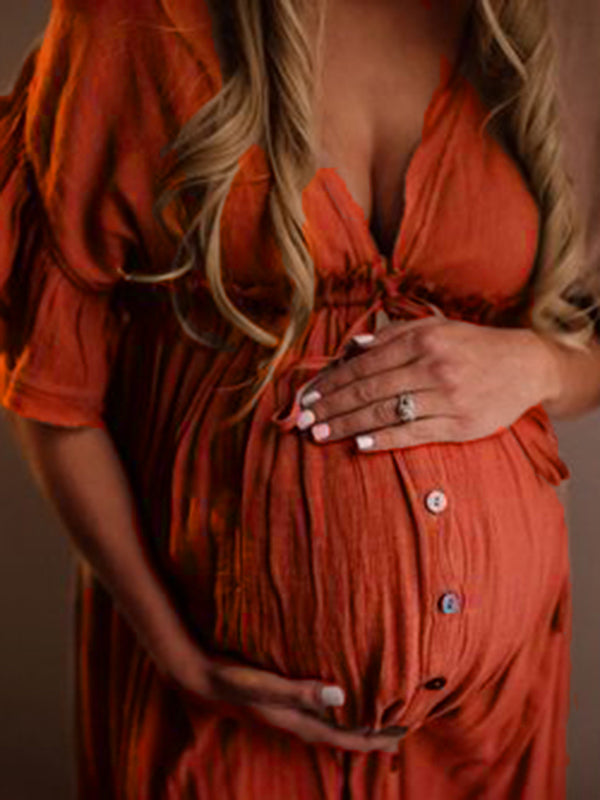 Robe longue de grossesse pour shooting et baby shower avec volants et boutonnage - Rouille / ONESIZE