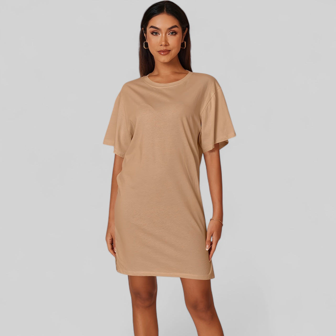 T-shirt robe en coton pour femme Vêtement décontracté élégant - Camel / S
