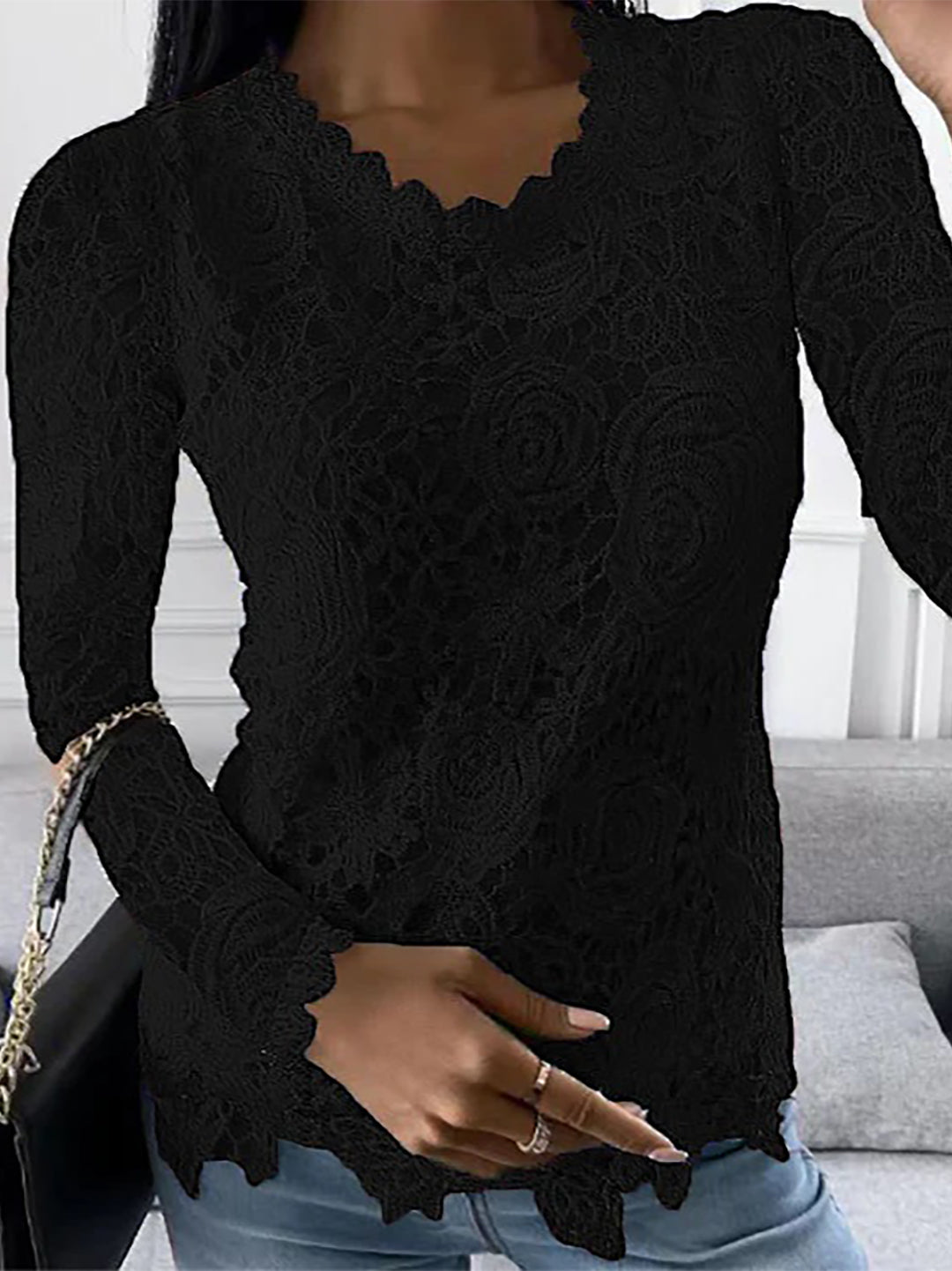 Top élégant femme manches longues - Noir / S