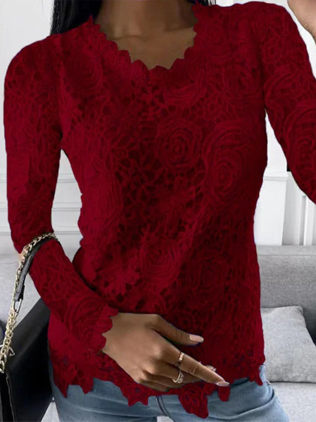 Top élégant femme manches longues - Rouge / S