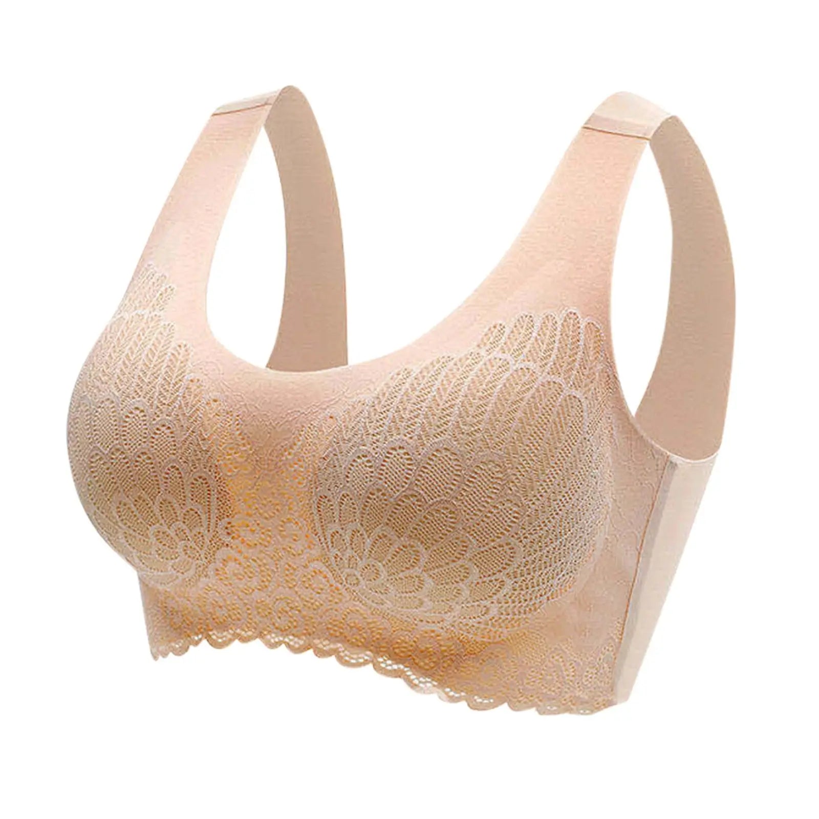Soutien-gorge en dentelle beige à larges bretelles.