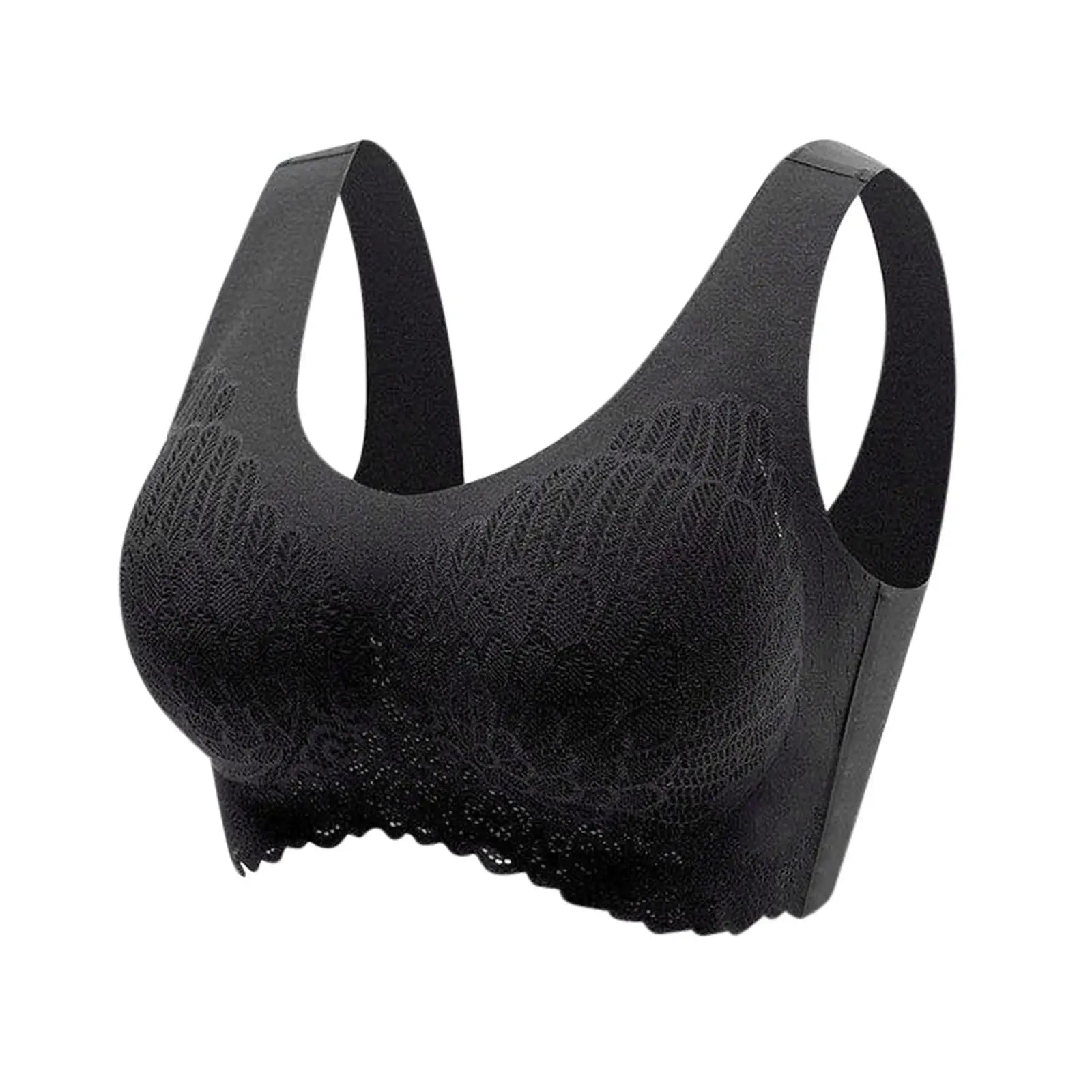 Soutien-gorge de sport noir avec bordure en dentelle sur le bord inférieur.