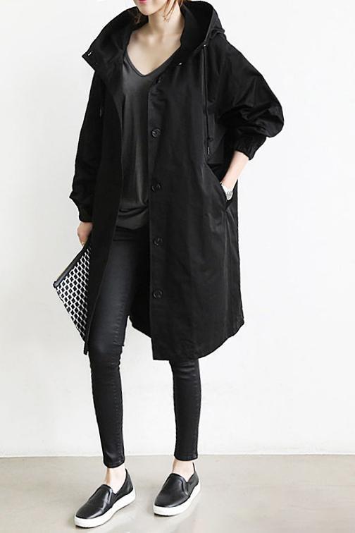 Trench Imperméable Femme Capuche Léger Coupe-Vent - Noir / S