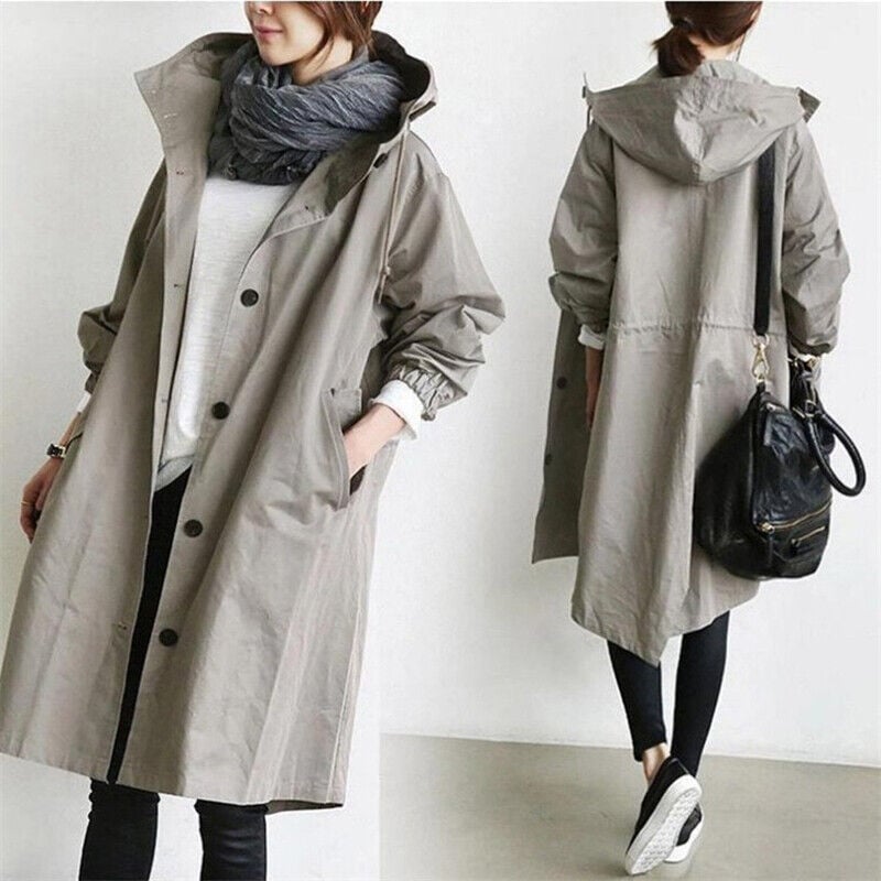 Trench Imperméable Femme Capuche Léger Coupe-Vent - Gris clair / S